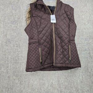 CEsttoi Womens Quilted Zip-Up Brown Vest With Fur Hood And Pockets Polyester